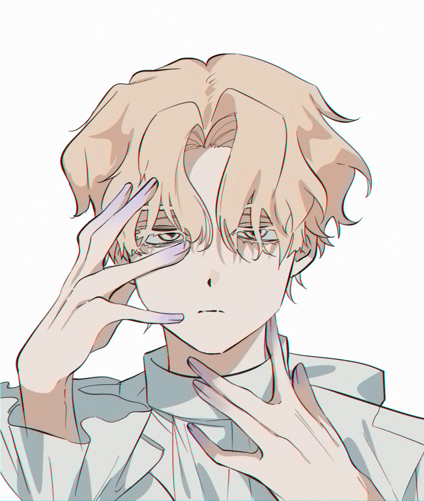 1boy, absurdres, alien_stage, blonde_hair, colored_extremities, commentary_request, hand_on_own_face, hand_on_own_neck