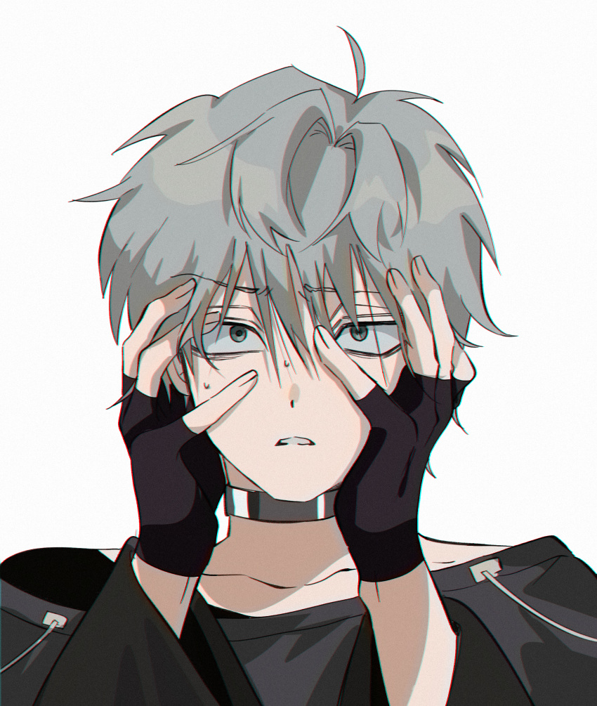 1boy, absurdres, alien_stage, black_gloves, black_shirt, choker, commentary_request, fingerless_gloves