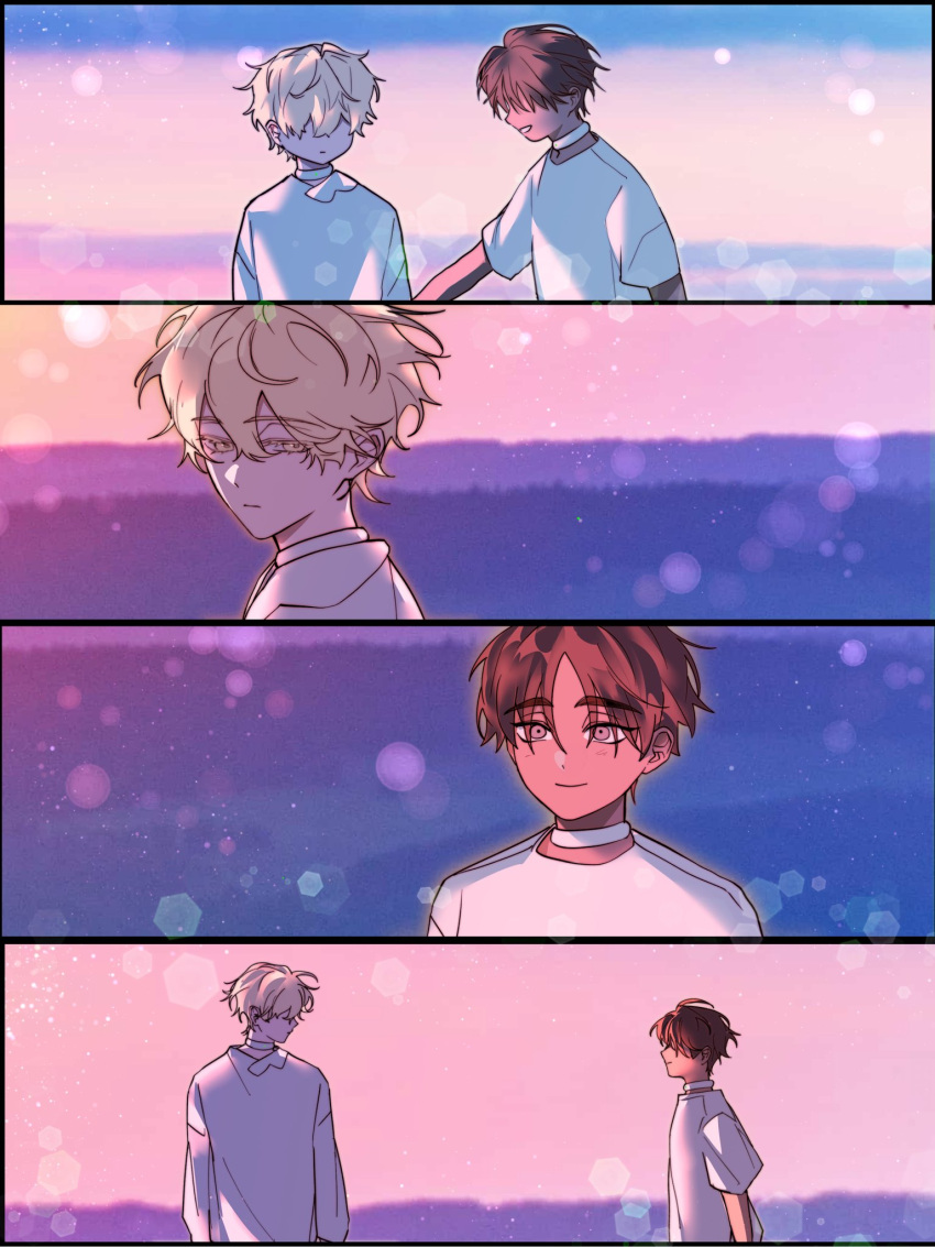 2boys, alien_stage, blonde_hair, brown_eyes, brown_hair, choker, colored_eyelashes, commentary