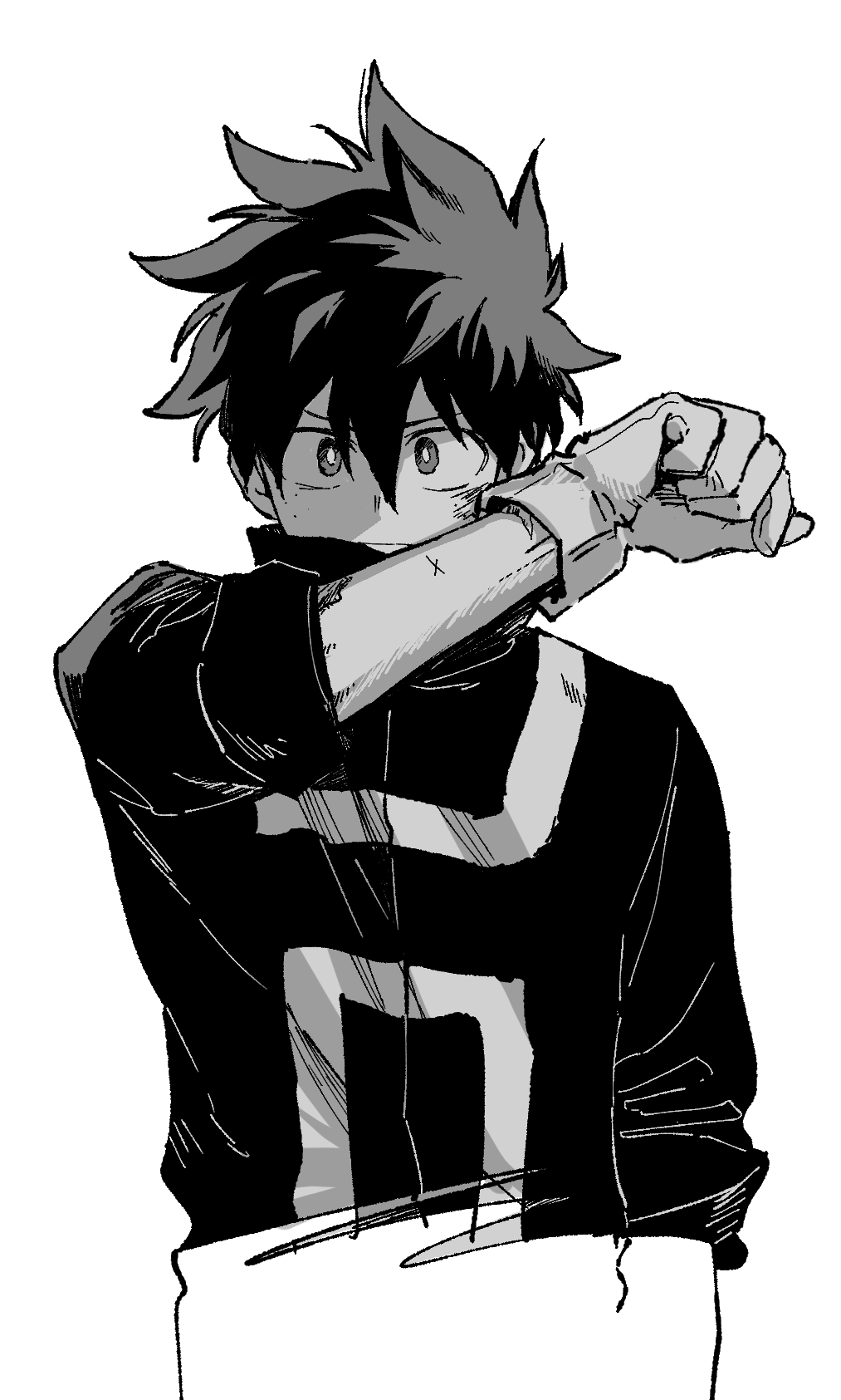 1boy, arm_up, boku_no_hero_academia, closed_mouth, collared_jacket, commentary_request, dot_nose, gloves