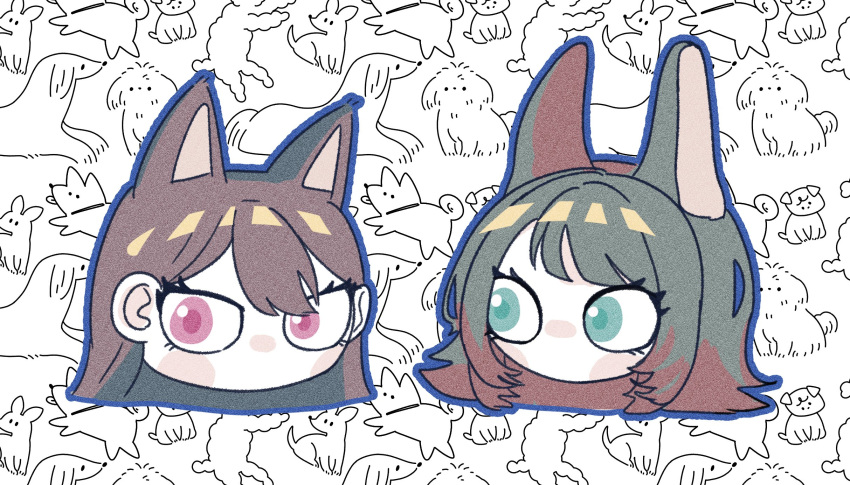2girls, animal_ears, bang_dream!, bang_dream!_it's_mygo!!!!!, black_hair, blue_eyes, blue_outline, brown_hair, chibi, chibi_only, commentary, dog_ears, dog_girl, hashtag-only_commentary, highres, jtrevvwlofqmpth, kemonomimi_mode, multicolored_hair, multiple_girls, outline, shiina_taki, two-tone_hair, violet_eyes, yahata_umiri
