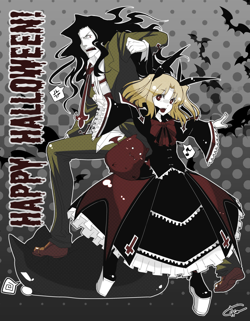 1boy, 1girl, anger_vein, angry, arms_at_sides, bat_(animal), bat_wings, black_dress