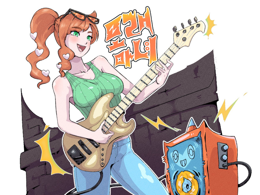 1girl, :d, breasts, denim, eyewear_on_head, green_eyes, green_shirt, guitar, hair_ornament, heart, heart_hair_ornament, highres, holding, holding_guitar, holding_instrument, instrument, jeans, large_breasts, long_hair, no_coat, open_mouth, orange_hair, pants, pokemon, pokemon_(creature), pokemon_swsh, positibe, ribbed_shirt, rotom, shirt, side_ponytail, simple_background, smile, sonia_(pokemon), standing, upper_body, white_background