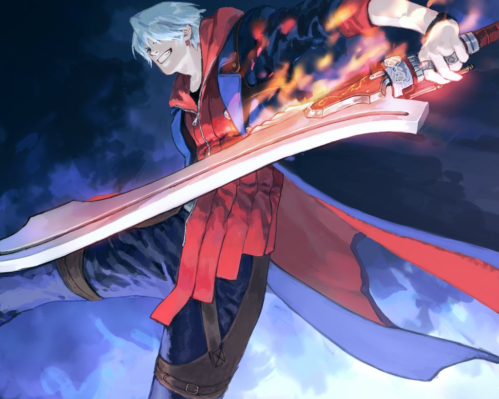 1boy, arm_up, blue_pants, coat, devil_may_cry_(series), devil_may_cry_4, feet_out_of_frame, fire
