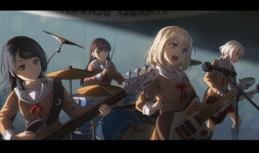 4girls, absurdres, bang_dream!, bang_dream!_it's_mygo!!!!!, black_hair, blonde_hair, brown_dress, brown_hair