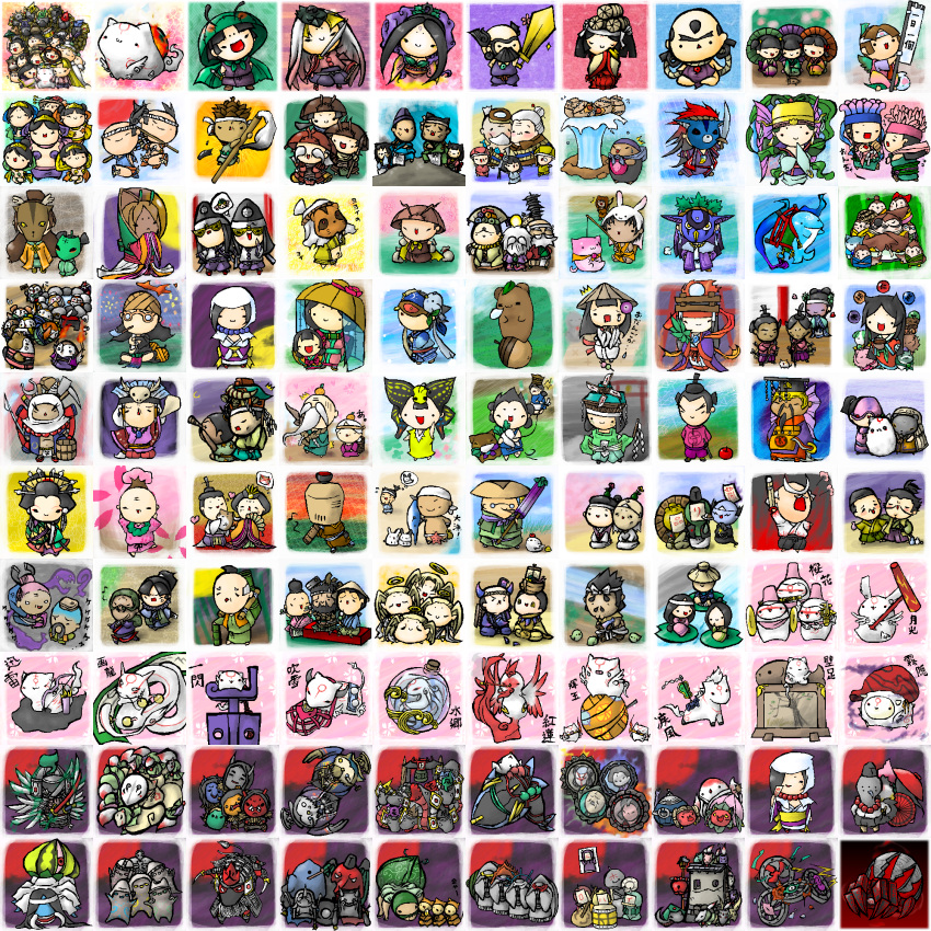 6+boys, 6+girls, amaterasu_(ookami), apple, beard, bird, black_hair, blonde_hair, bow, bow_(weapon), brown_hair, bucket, character_request, chibi, chick, chicken, cymbals, drum, everyone, facial_hair, fish, fishing_rod, food, fruit, glasses, grey_hair, hagoromo, hair_ornament, hair_over_one_eye, halo, hat, hayatobimaru, heart, highres, himiko_(ookami), holding, holding_instrument, holding_sword, holding_weapon, ichimegasa, instrument, issun, japanese_clothes, jewelry, kaguya_(ookami), kushinada_(ookami), leaf, leaf_on_head, lily_pad, magatama, magatama_necklace, mask, multiple_boys, multiple_girls, musical_note, mustache, navel, necklace, ninetails_(ookami), nose_bubble, ookami_(game), otohime_(ookami), princess_fuse, quiver, rabbit, red_bow, sakuya_(ookami), samickle, sazanka_(ookami), scythe, shawl, speech_bubble, starfish, sword, thought_bubble, torii, tsubaki_(ookami), tsuzurao, veil, weapon, white_hair, wooden_bucket, yumaru_(marumarumaru)