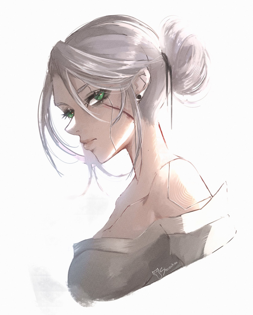 1girl, ciri, green_eyes, highres, portrait, scar, scar_on_cheek, scar_on_face