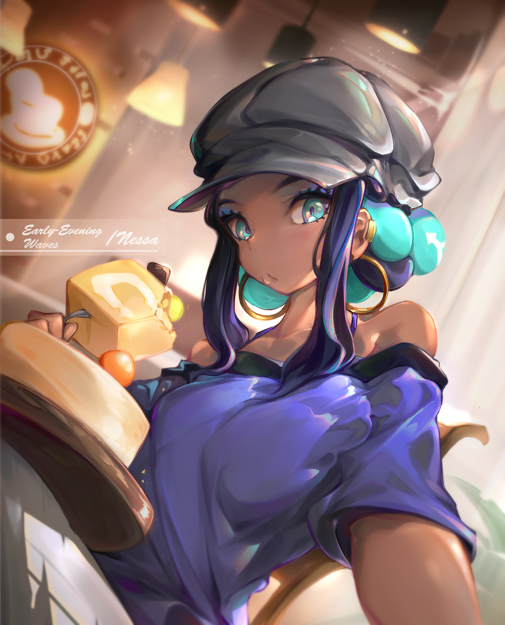 1girl, :/, bare_shoulders, blue_eyes, blurry, blurry_background, breasts, cafe, casual, collarbone, commentary_request, dark-skinned_female, dark_skin, dutch_angle, earclip, earrings, eating, english_text, eyeliner, fork, grey_hat, hat, highres, holding, holding_fork, indoors, jewelry, looking_at_viewer, makeup, medium_breasts, nessa_(pokemon), o-ring, on_chair, pokemon, pokemon_swsh, purple_eyeliner, purple_hair, purple_shirt, renze_l, selfie, shirt, sidelocks, solo, upper_body