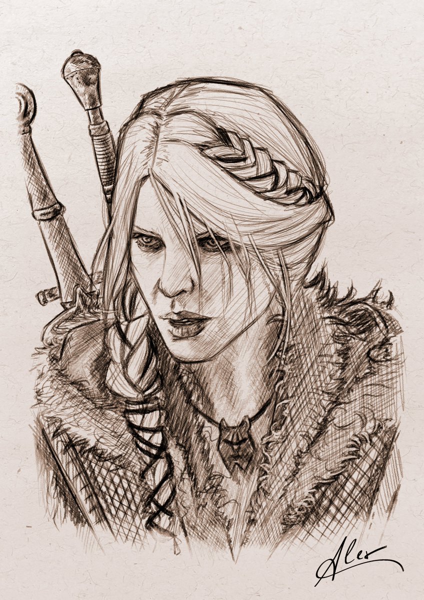 1girl, alexciuta2000, braid, braided_ponytail, ciri, greyscale, long_hair, monochrome