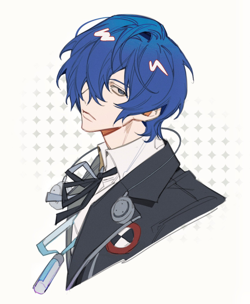 1boy, black_jacket, black_ribbon, blue_eyes, blue_hair, closed_mouth, collared_shirt, commentary_request
