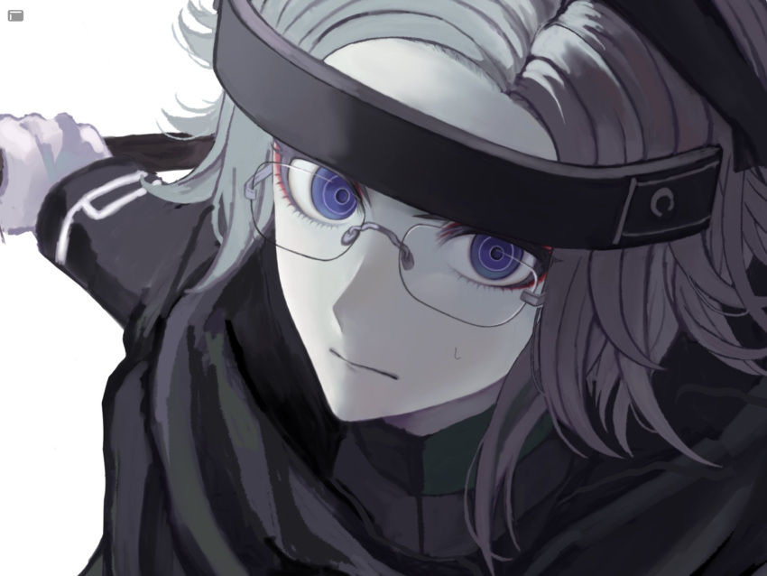 1boy, aotsuki_eito, black_shirt, brown_hair, glasses, highres, holding, holding_weapon