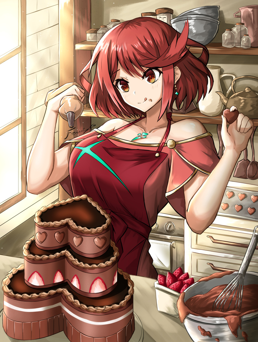 1girl, absurdres, adapted_costume, apron, bare_shoulders, batter, bob_cut, breasts