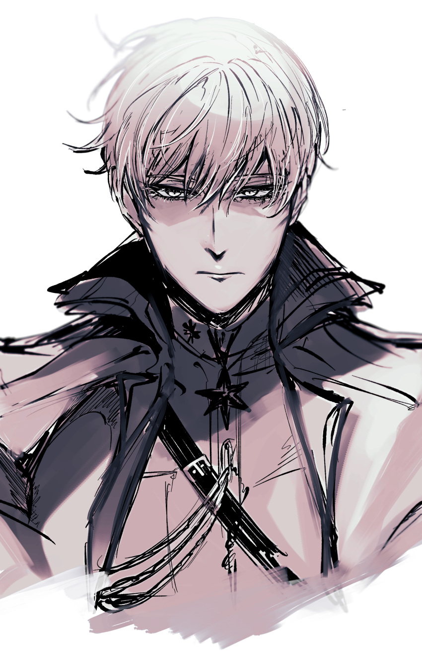1boy, absurdres, closed_mouth, collared_jacket, commentary_request, dimjh, eyelashes, goddess_of_victory:_nikke, highres, jacket, jewelry, johan_(nikke), long_bangs, male_focus, military_jacket, military_uniform, monochrome, necklace, partially_shaded_face, serious, solo, star_(symbol), star_necklace, upper_body, white_background, white_eyes