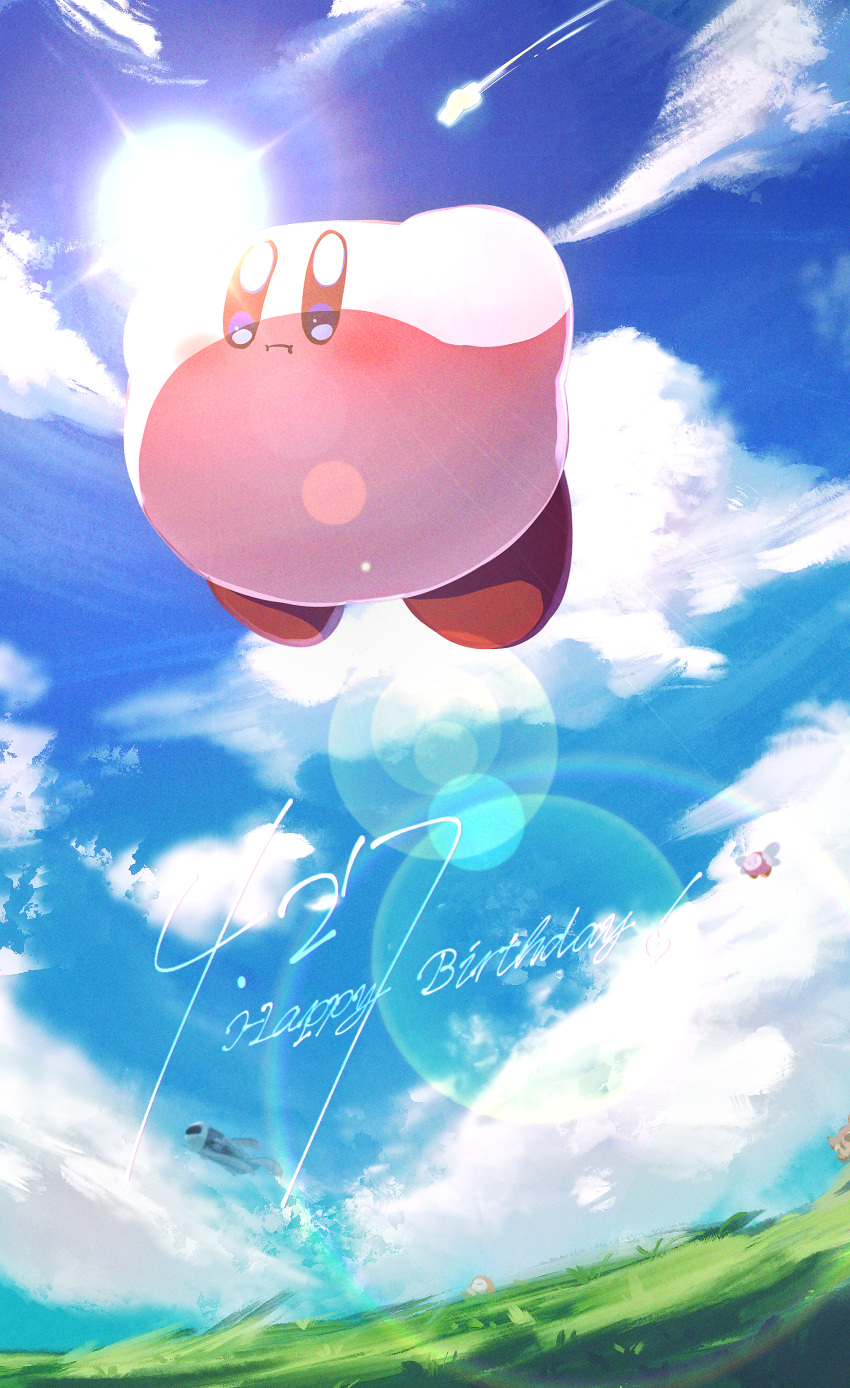 absurdres, blue_eyes, blue_sky, blush, closed_mouth, clouds, colored_skin, dated