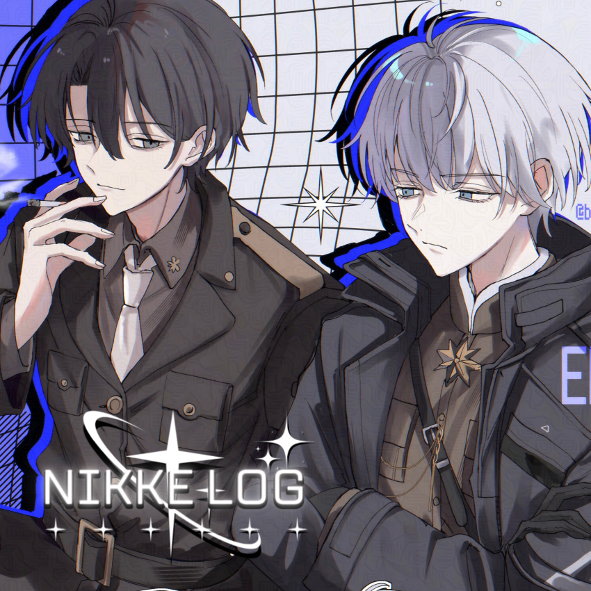 2boys, absurdres, belt, black_belt, black_eyes, black_gloves, black_hair, black_jacket