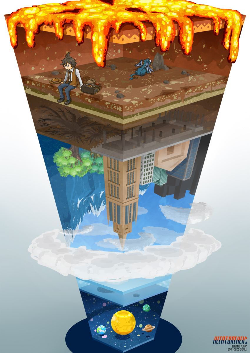 blue_eyes, brown_hair, building, cityscape, cloud, clouds, fossil, gem