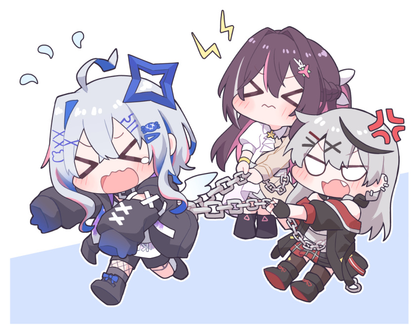 >:), 3girls, amane_kanata, amane_kanata_(punk_rock), angel_wings, angry, azki_(4th_costume)_(hololive), azki_(hololive)