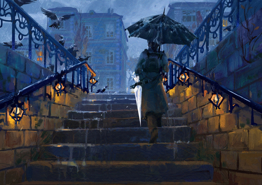 1girl, backpack, bag, bird, black_hair, black_umbrella, brown_shoes, building