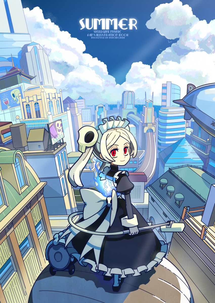 1girl, absurdres, apron, black_dress, bloody_marie_(skullgirls), blue_sky, bow, cityscape