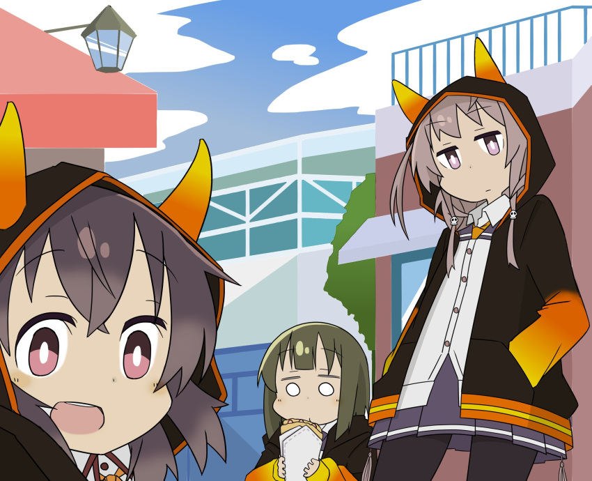 3girls, asakura_mihono, ban_tsugumi, black_jacket, black_pantyhose, brown_hair, building, closed_mouth