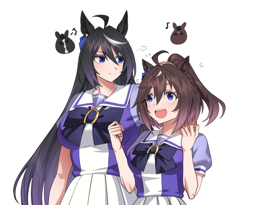 2girls, ahoge, animal_ears, black_hair, black_tide_(racehorse), blue_eyes, bow, bowtie