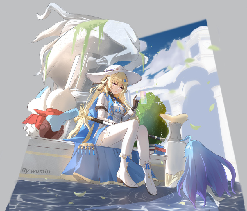 1girl, absurdres, artist_name, black_bow, black_collar, black_gloves, blonde_hair, blue_gemstone