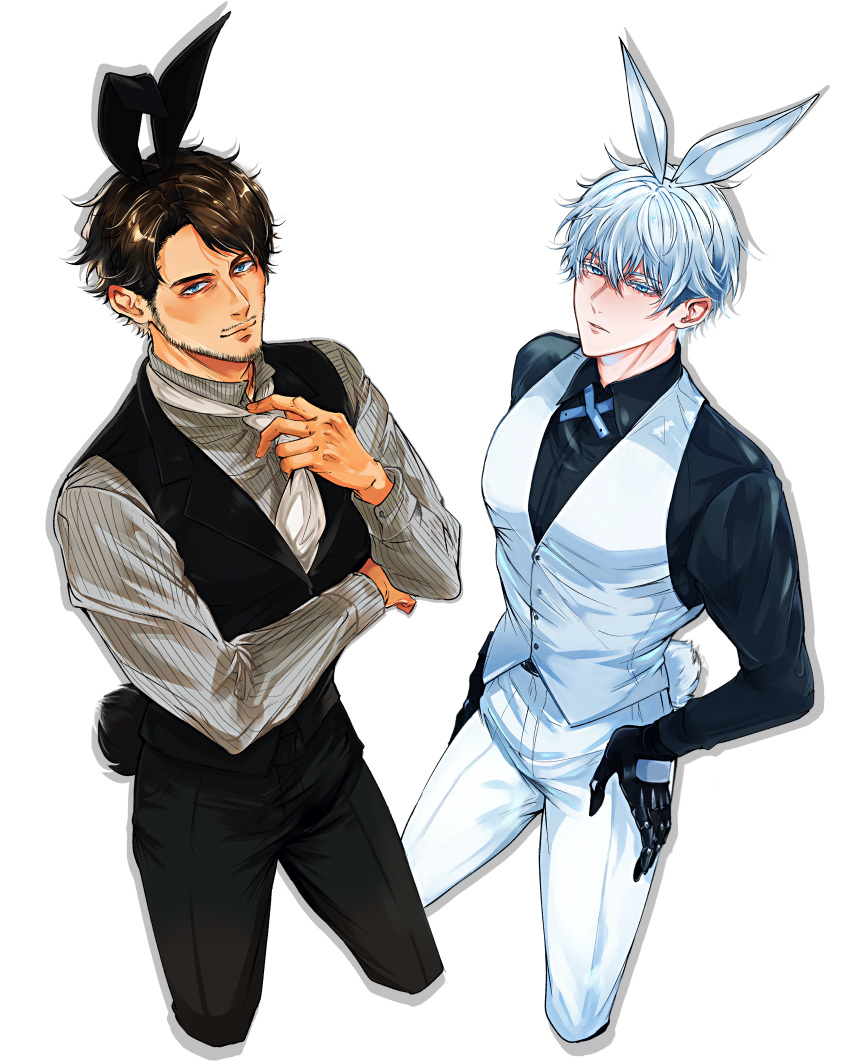 2boys, absurdres, adjusting_clothes, adjusting_necktie, andersen_(nikke), animal_ears, black_gloves, black_pants, black_shirt, black_tail, blue_eyes, closed_mouth, collared_shirt, commentary_request, curtained_hair, dimjh, facial_hair, fake_animal_ears, fake_tail, from_above, gloves, goddess_of_victory:_nikke, hair_between_eyes, hand_on_own_hip, highres, johan_(nikke), long_bangs, looking_at_viewer, male_focus, male_playboy_bunny, mature_male, multiple_boys, necktie, nose, pants, parted_bangs, rabbit_ears, rabbit_tail, shadow, shirt, short_hair, smile, striped_clothes, striped_shirt, stubble, swept_bangs, tail, vest, white_background, white_hair, white_necktie, white_pants, white_shirt, white_tail, white_vest