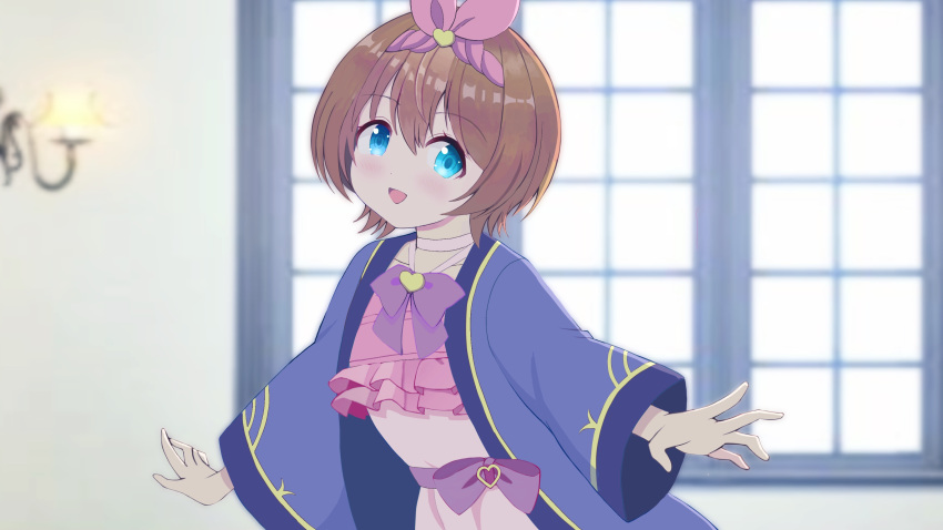 1girl, absurdres, blue_eyes, bow, bowtie, brown_hair, choker, hair_ornament