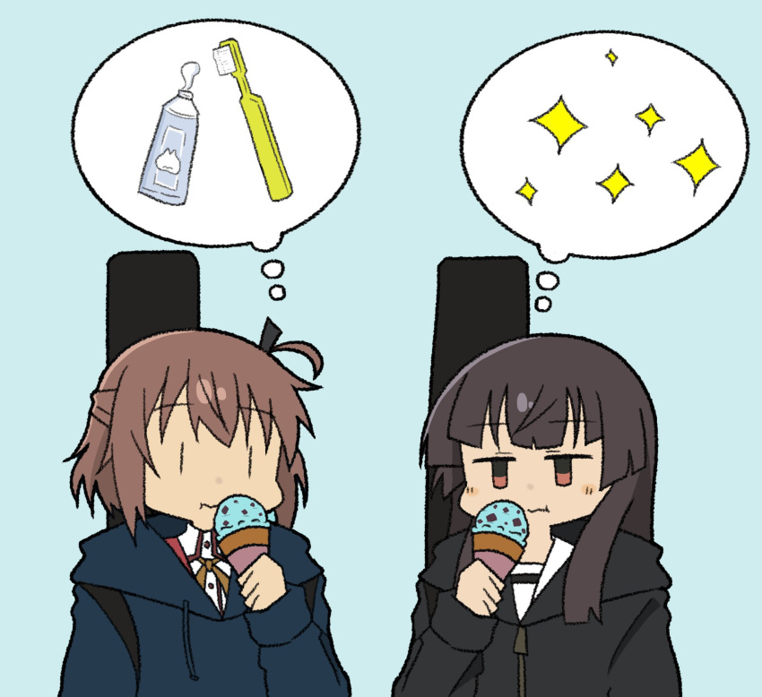 2girls, aqua_background, black_hair, black_jacket, blue_hoodie, blunt_bangs, blush, brown_hair