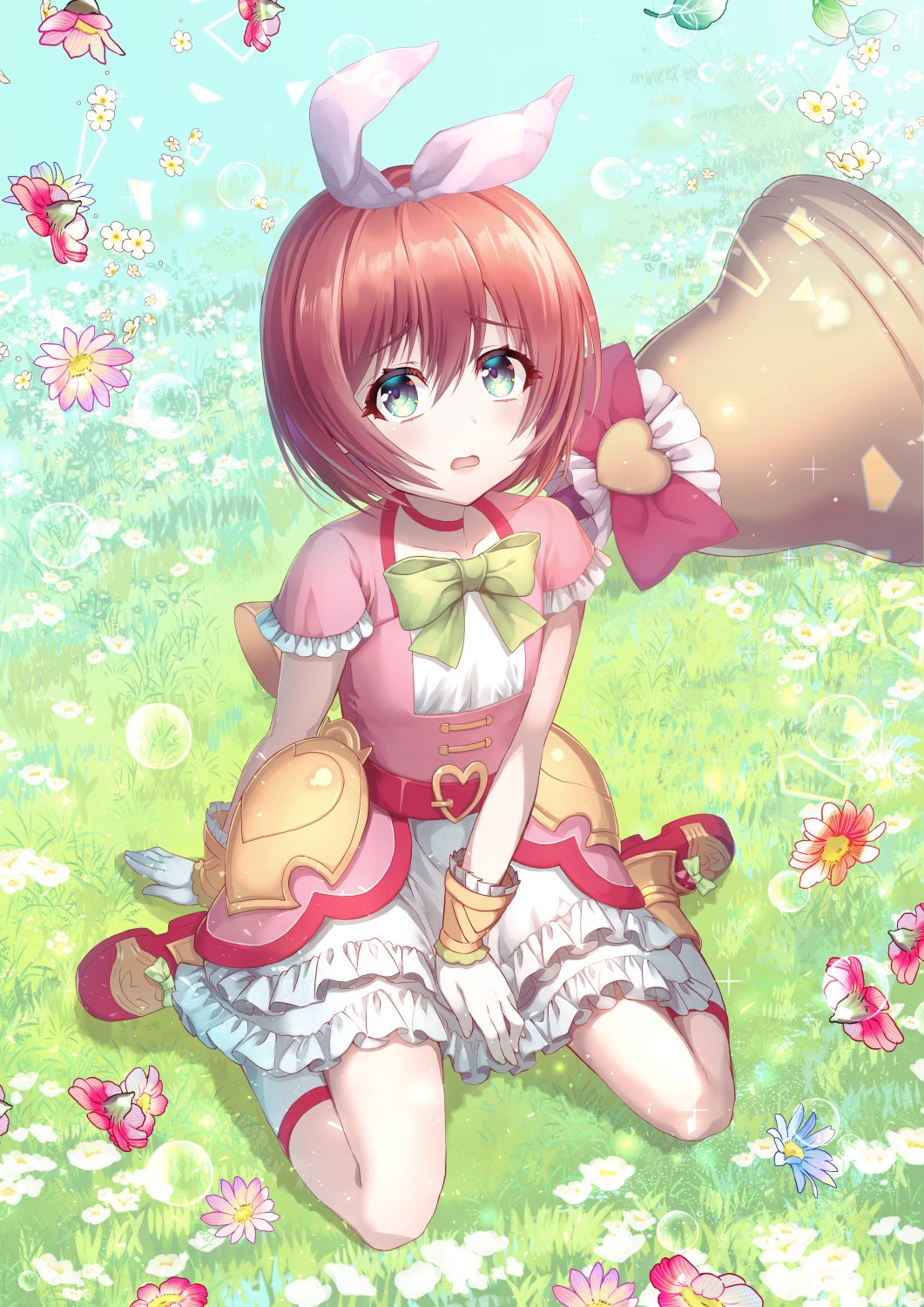 1girl, bell, bow, bowtie, brown_hair, choker, frills, green_bow