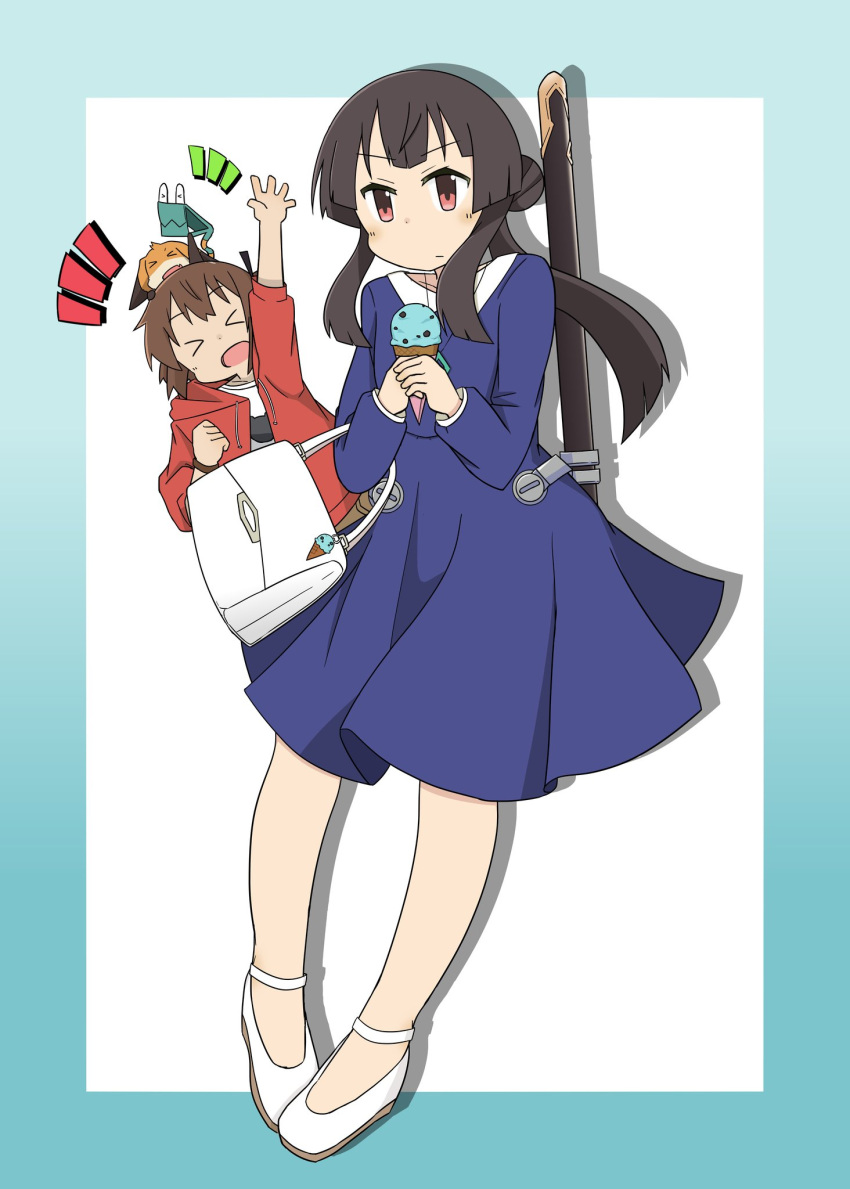 >_<, 2girls, alternate_hairstyle, aqua_border, arm_up, bag, black_hair, blue_dress