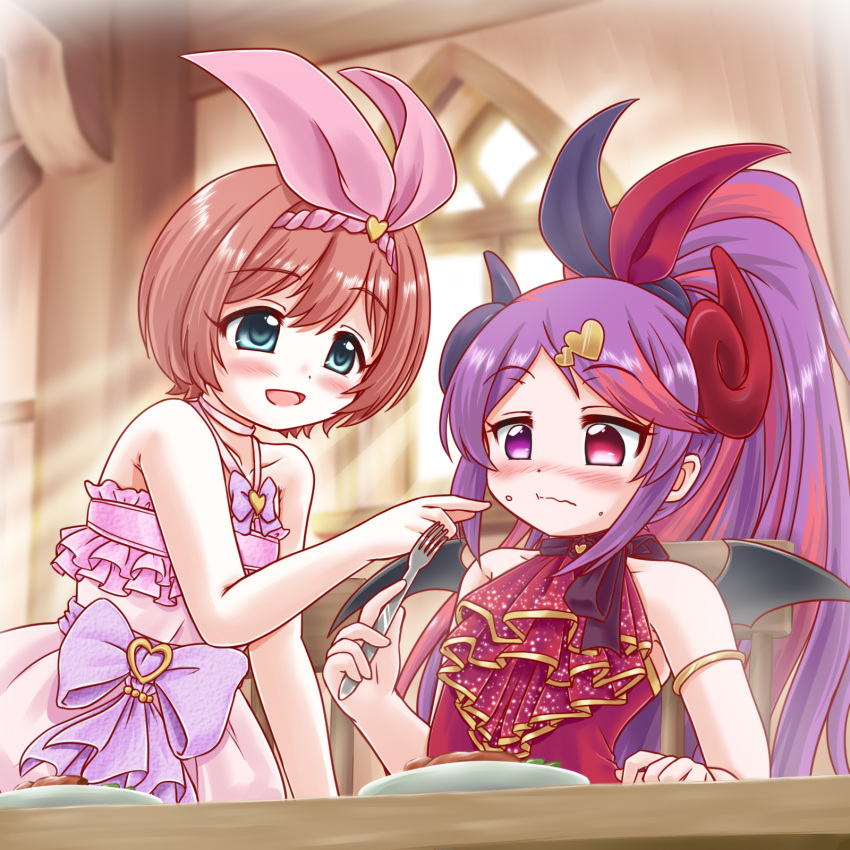 2girls, bare_shoulders, blush, brown_hair, demon_girl, demon_horns, demon_wings, dress