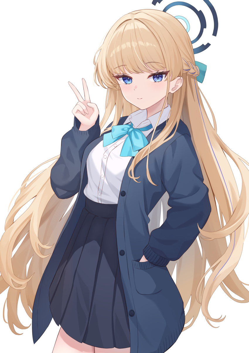 1girl, absurdres, ayabanka, black_cardigan, black_skirt, blonde_hair, blue_archive, blue_bow