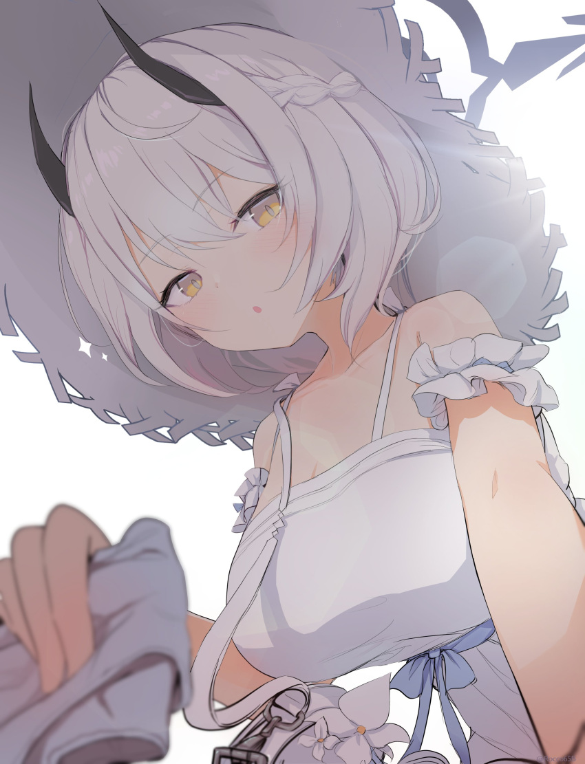 1girl, absurdres, bare_shoulders, blue_archive, breasts, demon_girl, demon_horns, dress