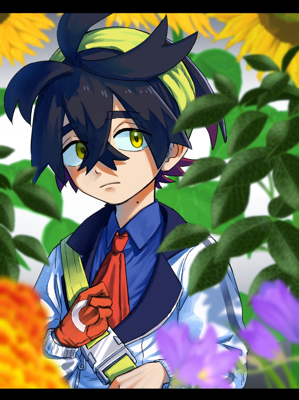 1boy, black_hair, blue_shirt, closed_mouth, collared_shirt, commentary_request, crossed_bangs, dean_(satori-fujioka), flower, gloves, hair_between_eyes, hairband, highres, jacket, kieran_(pokemon), leaf, long_sleeves, male_focus, mole, mole_on_neck, multicolored_hair, pokemon, pokemon_sv, purple_flower, red_gloves, shirt, single_glove, solo, upper_body, white_jacket, yellow_eyes, yellow_flower, yellow_hairband