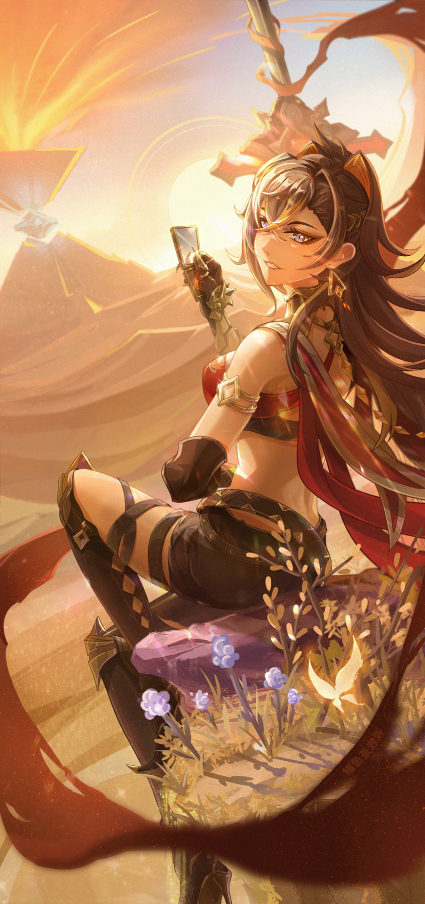 1girl, absurdres, arm_armor, bandeau, belt, black_bandeau, black_belt, black_boots