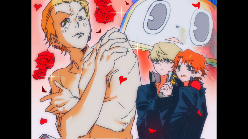 1990s_(style), 3boys, black_border, blonde_hair, blue_jacket, border, brown_eyes, expressionless