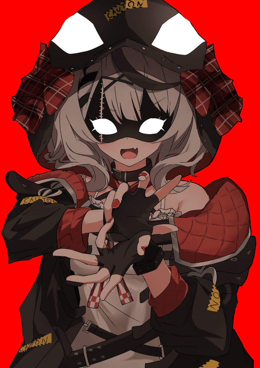 1girl, absurdres, animal_hood, belt_collar, black_collar, black_gloves, black_hair, black_hoodie, black_jacket, black_mask, camisole, collar, fang, fingerless_gloves, gloves, grey_hair, highres, hololive, hood, hoodie, jacket, looking_at_viewer, medium_hair, multicolored_hair, nail_polish, open_mouth, orca_hood, red_background, red_jacket, red_nails, sakamata_chloe, sakamata_chloe_(1st_costume), skin_fang, smile, spice_mega, streaked_hair, virtual_youtuber, white_camisole