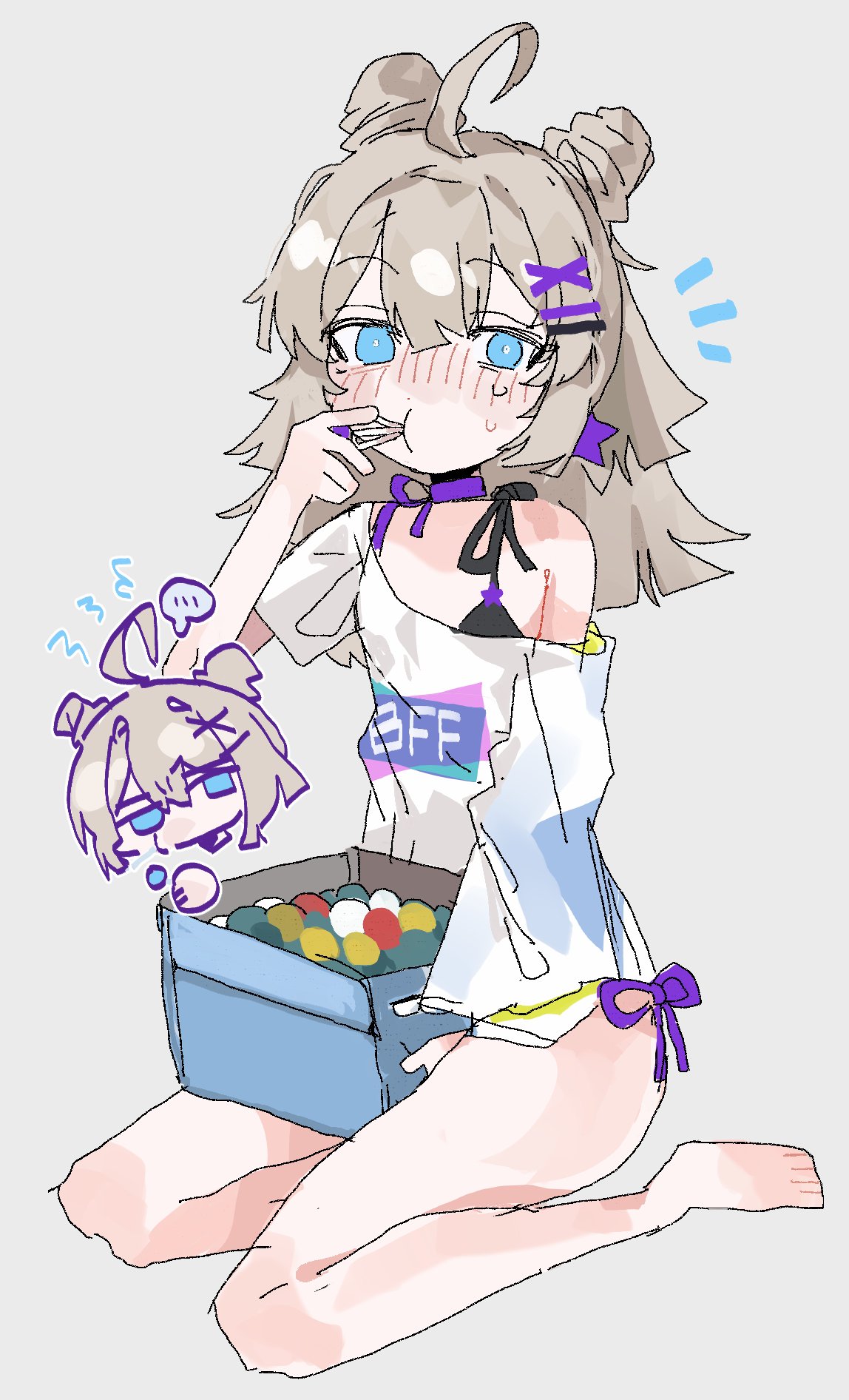 1girl, aa-12_(girls'_frontline), aa-12_(smokeless_lollipop)_(girls'_frontline), ahoge, bare_legs, barefoot, bikini, black_bikini