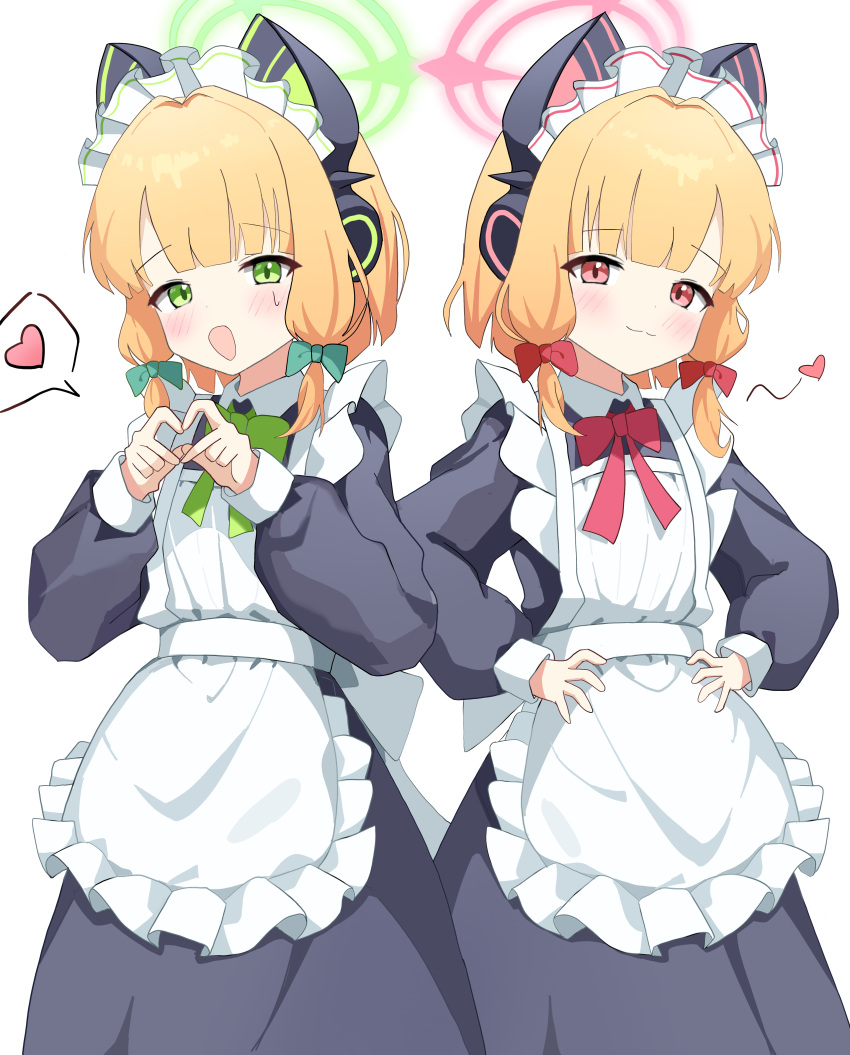 2girls, :3, absurdres, animal_ear_headphones, animal_ears, apron, blonde_hair, blue_archive, blush, bow, cardcat_00, cat_ear_headphones, closed_mouth, fake_animal_ears, green_bow, green_eyes, hair_between_eyes, hair_bow, hairband, hands_on_own_hips, headphones, heart, heart_hands, highres, long_hair, looking_at_viewer, maid, maid_apron, maid_headdress, midori_(blue_archive), midori_(maid)_(blue_archive), momoi_(blue_archive), momoi_(maid)_(blue_archive), multiple_girls, official_alternate_costume, open_mouth, pink_eyes, red_bow, sidelocks, smile, sweatdrop, white_apron, white_hairband