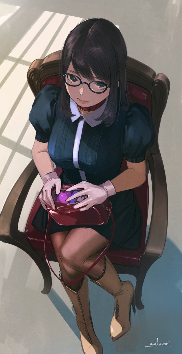 1girl, ankle_boots, bag, black_hair, black_pantyhose, boots, breasts, choker