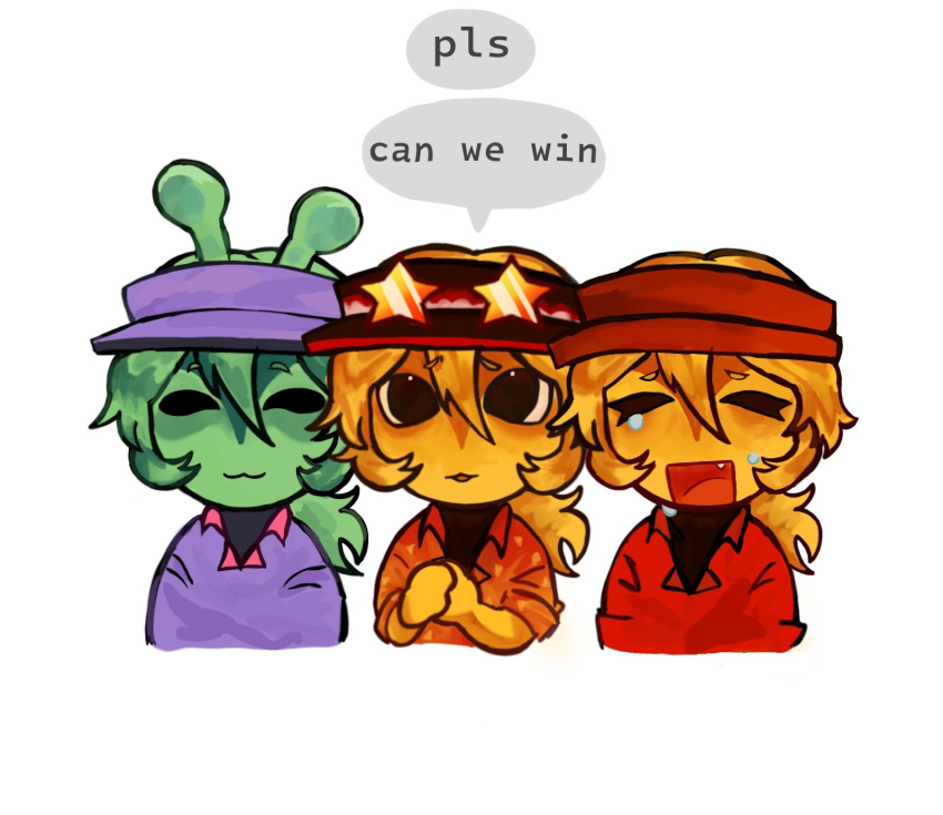 3boys, alien, alienposting_(meme), antennae, black_undershirt, black_visor, blonde_hair, collared_shirt, colored_skin, crying, elliot_(roblox), fang, forsaken_(roblox), green_hair, green_skin, highres, imsosillyloll, low_ponytail, meme, multiple_boys, open_mouth, ponytail, purple_shirt, purple_visor, red_shirt, red_visor, roblox, shirt, visor_cap, yellow_skin