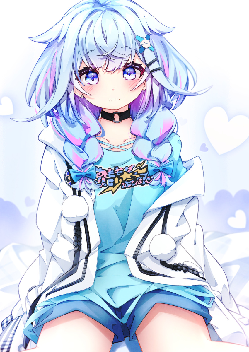 1girl, absurdres, black_choker, blue_eyes, blue_hair, blue_shirt, blush, braid