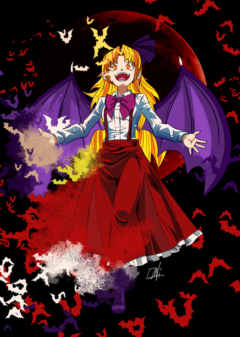 1girl, bat_(animal), bat_wings, blonde_hair, bow, elis_(touhou), fangs, hair_bow