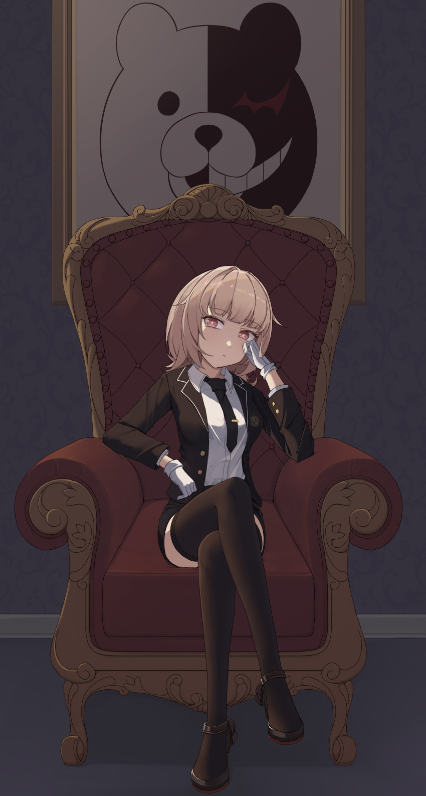 1girl, absurdres, alternate_costume, armchair, black_jacket, black_necktie, black_shorts, black_thighhighs
