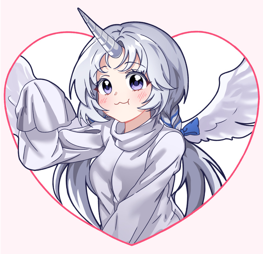 1girl, :3, :t, absurdres, alternate_costume, angel_wings, arm_up, ayatsuno_yuni, blue_bow, blue_eyes, blue_hair, blush, bow, braid, braided_twintails, chiwa57, closed_mouth, grey_hair, hair_bow, heart, highres, horns, long_hair, long_sleeves, looking_at_viewer, multicolored_hair, parted_bangs, simple_background, single_horn, sleeves_past_fingers, sleeves_past_wrists, smile, solo, stellive, streaked_hair, sweater, turtleneck, twin_braids, twintails, upper_body, very_long_hair, white_background, white_sweater, white_wings, wings