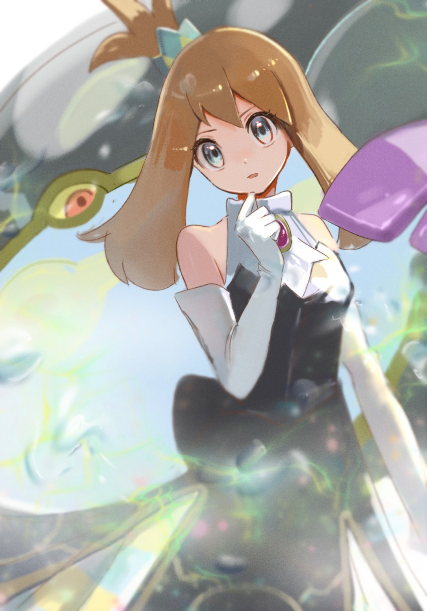 1girl, bare_shoulders, black_dress, blue_eyes, brown_hair, dress, elbow_gloves, eyelashes