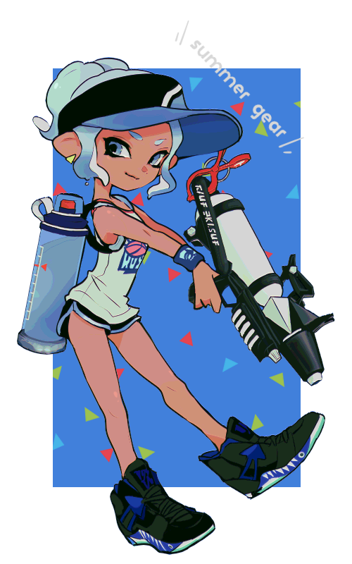 1girl, bare_shoulders, black_hat, black_shoes, black_shorts, blue_background, blue_eyes, blue_hair