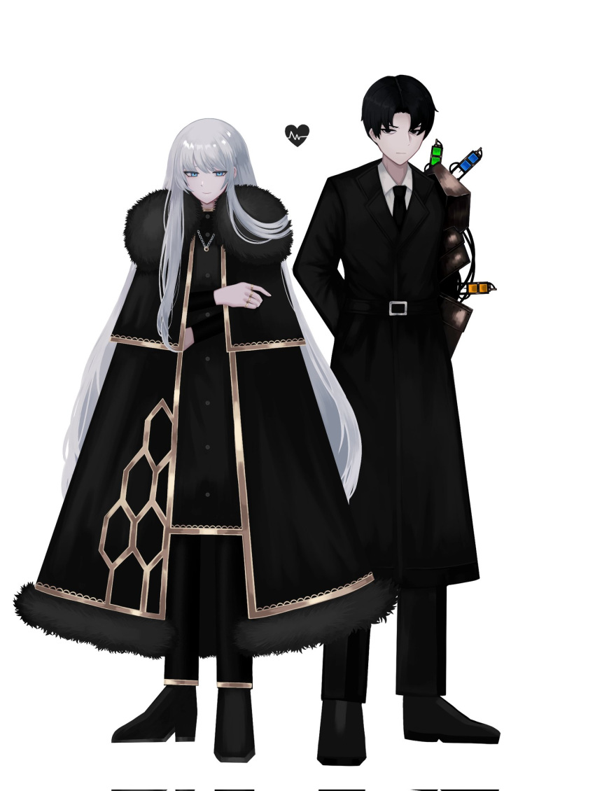 1boy, 1girl, angelica_(project_moon), baral_(project_moon), baral_(project_moon)_(cosplay), black_coat, black_dress, black_eyes