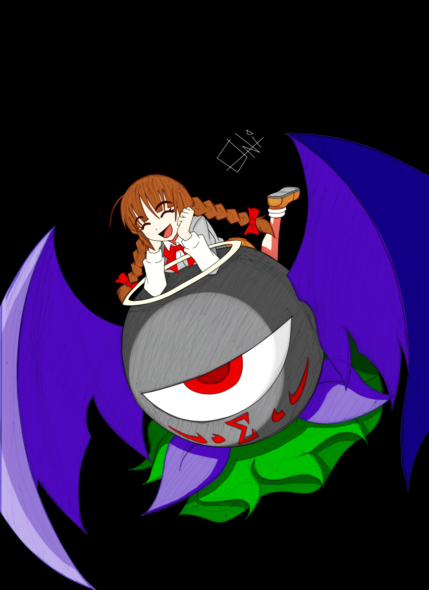 1girl, 1other, bat_wings, bow, braid, brown_hair, closed_eyes, evil_eye_sigma, ex-rika, highres, long_hair, oni1994, open_mouth, red_eyes, rika_(touhou), shirt, short_hair, sigma_symbol, signature, smile, story_of_eastern_wonderland, touhou, touhou_(pc-98), twin_braids, wings